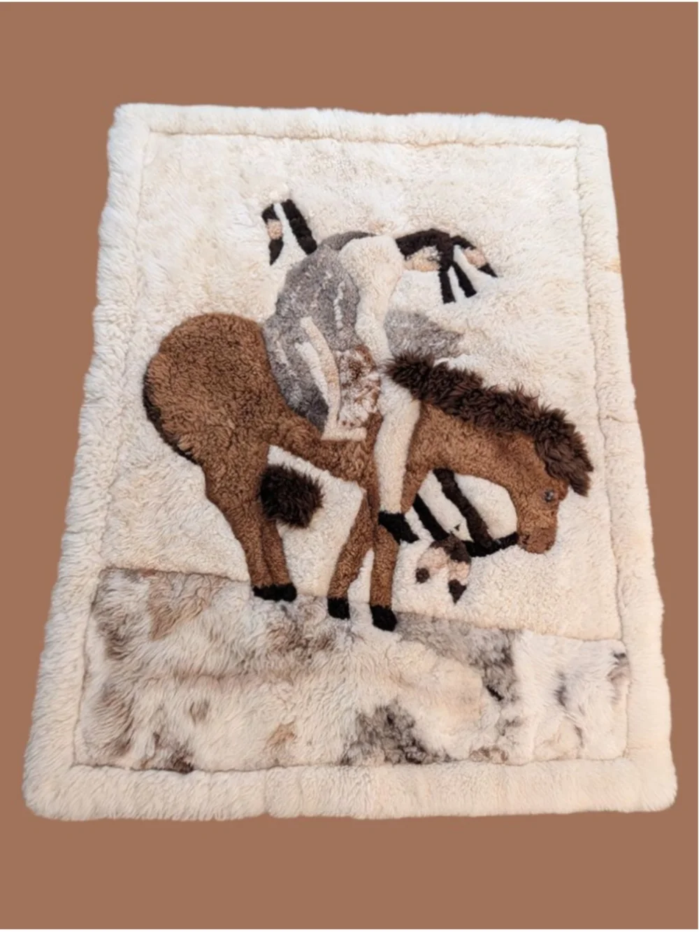 Vintage Handmade Peruvian Alpaca Horse Rug or Wall Folk Art Wool Textile 62x44